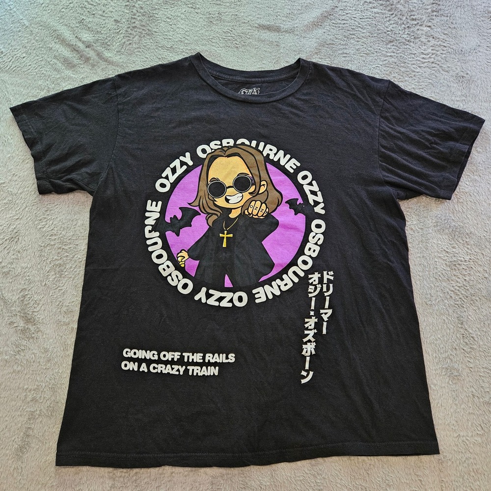 Ozzy Osbourne Chibi Anime Graphic T-Shirt Black Crazy Train Mens XL
